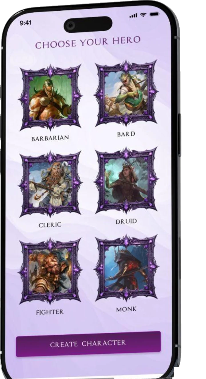 The Dungeon Maven app on a phone, showing the choose-your-hero screen